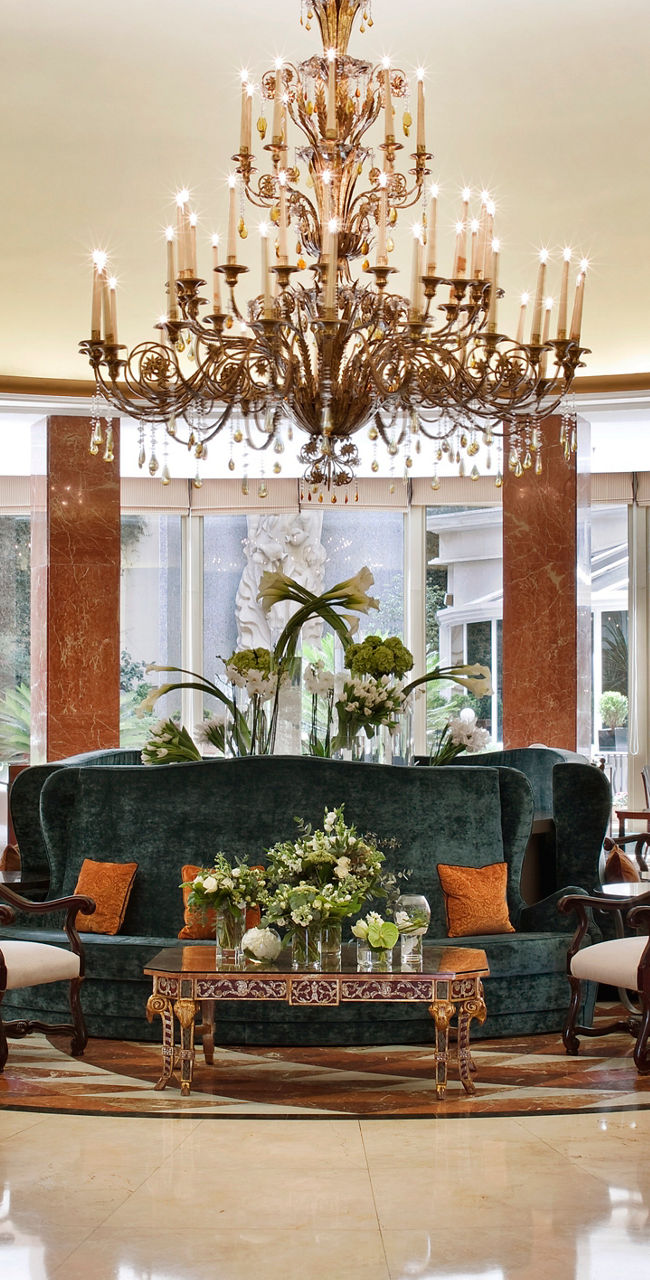 Elegant hotel lobby with chandelier lighting