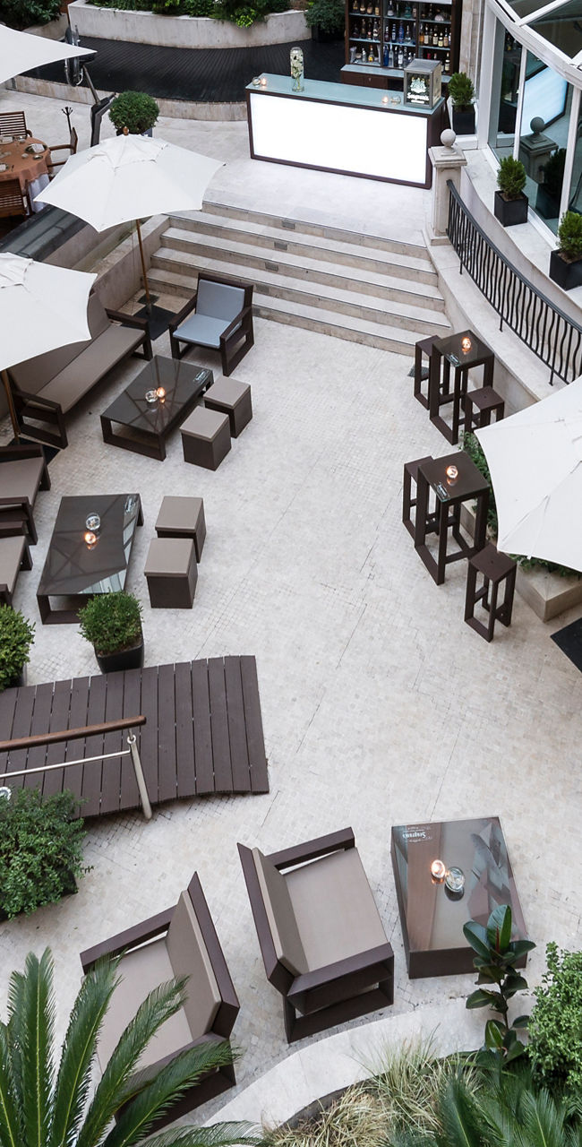 Outdoor restaurant seating with umbrellas