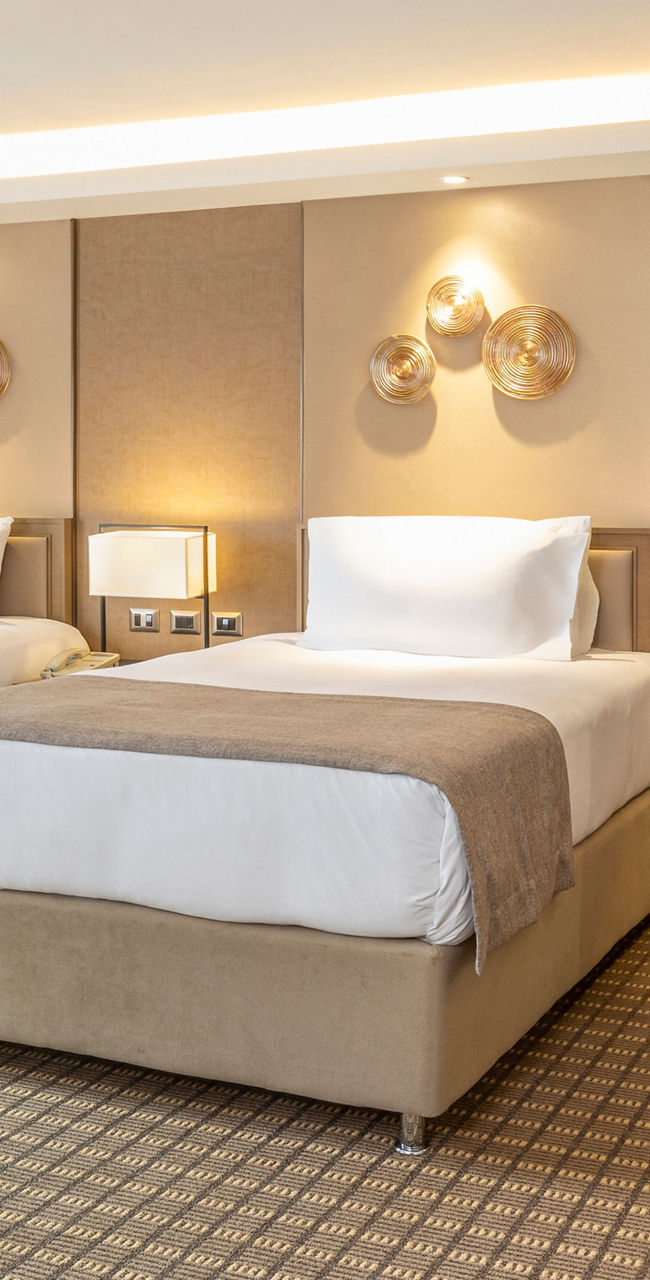 Modern hotel room with twin beds