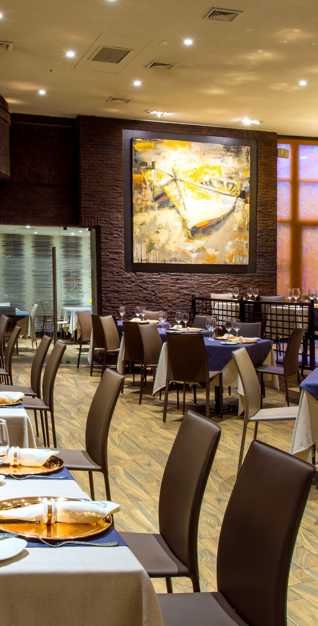 Elegant restaurant interior with wine display
