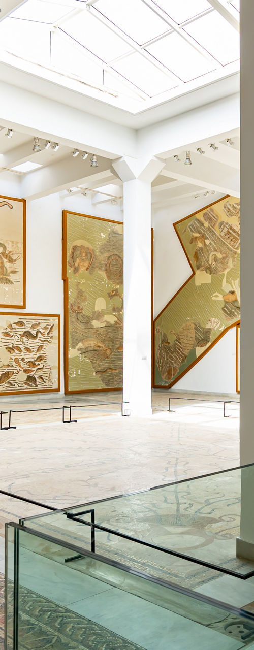 Spacious gallery displaying ancient wall mosaics