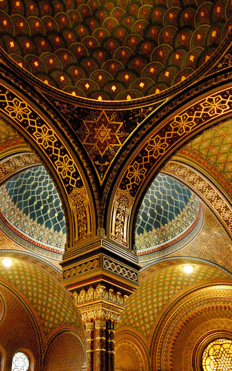 Ornate synagogue interior with visitors