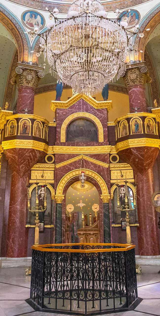 Ornate church interior with chandelier