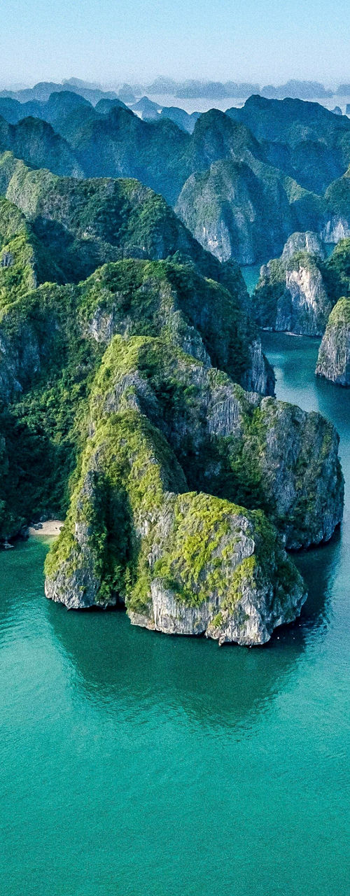 Aerial view of limestone islands in turquoise water