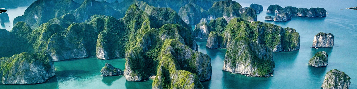 Aerial view of limestone islands in turquoise water