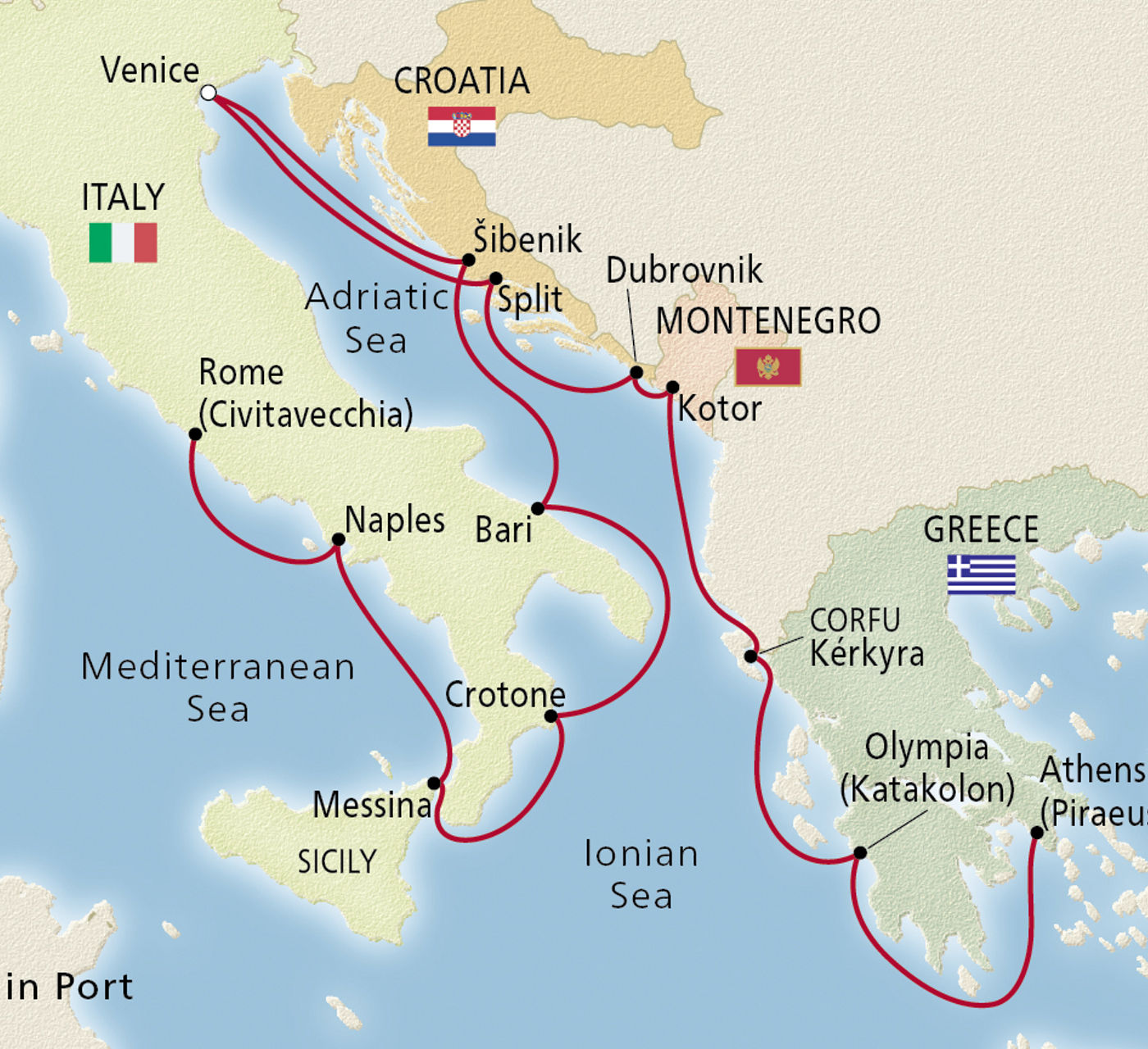 Map of Italy, the Adriatic & Greece itinerary