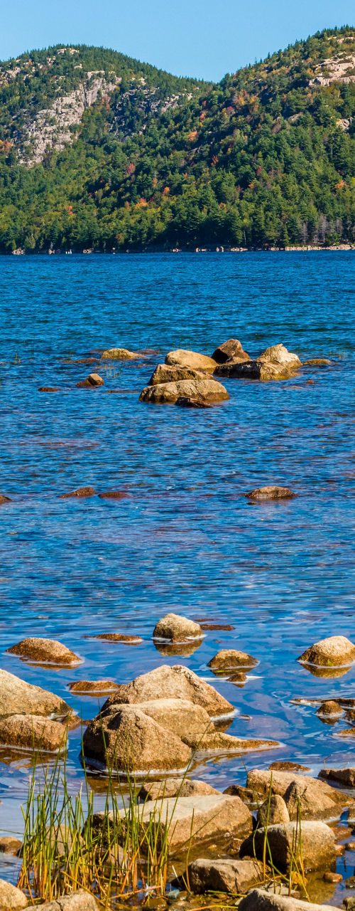 Scenic lake with rocky shoreline and mountains