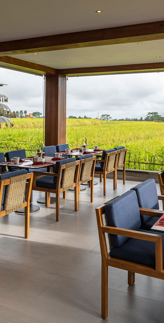 Open-air restaurant with scenic rice field view