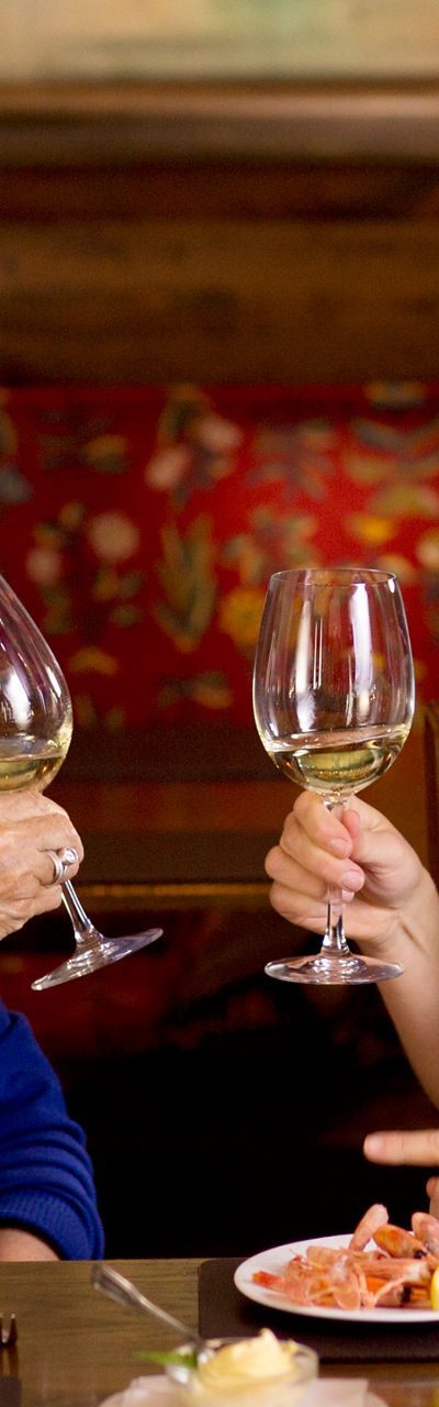 Two women toasting with white wine