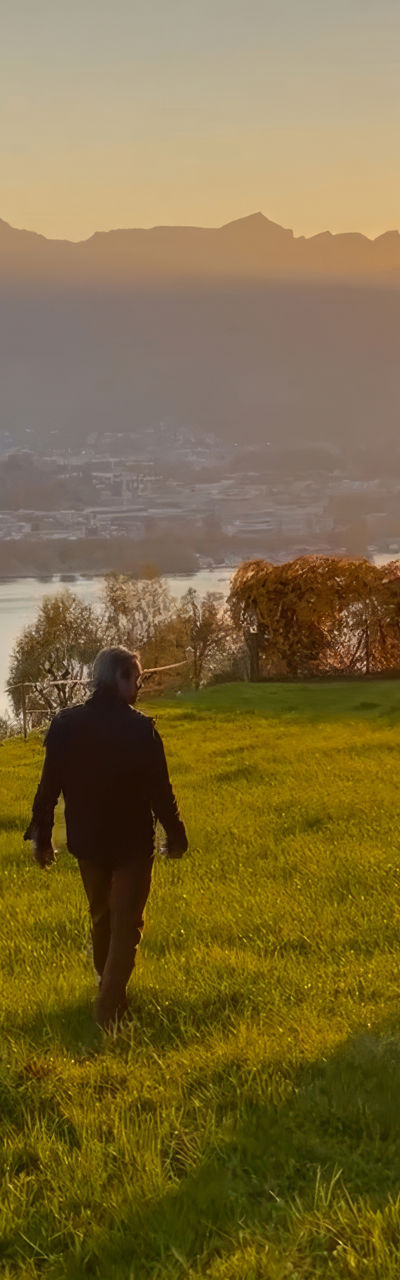 Couple walking with dog at sunset