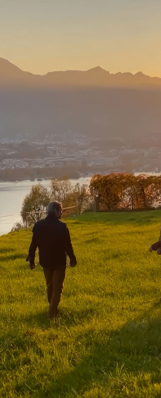 Couple walking with dog at sunset
