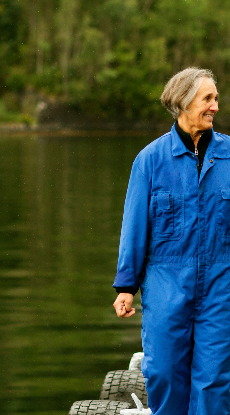 Two people walking on dock near lake