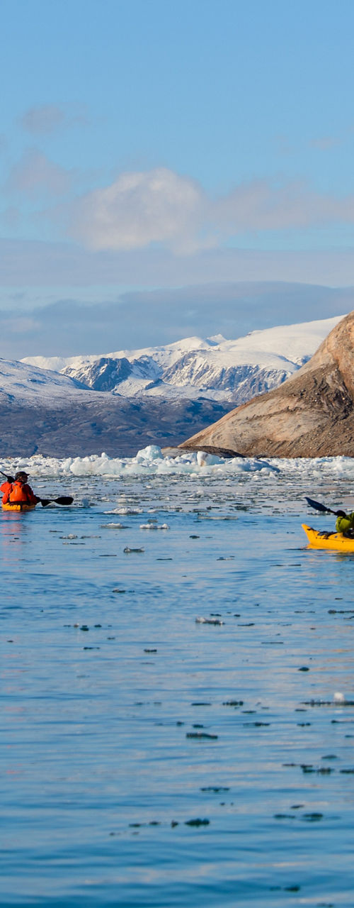 Group kayaking in icy Arctic waters