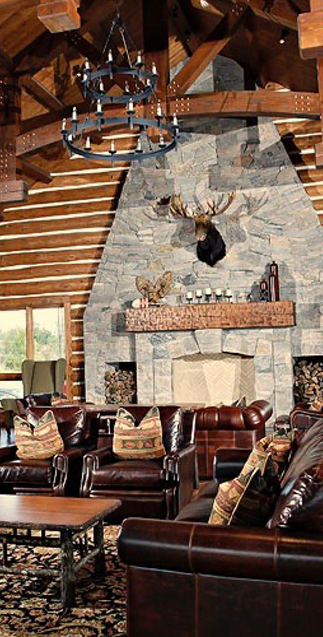 Rustic lodge interior with wooden beams