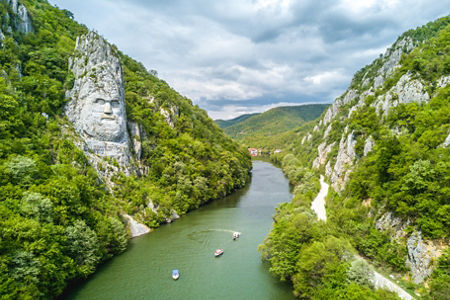 Scenic river with carved rock face