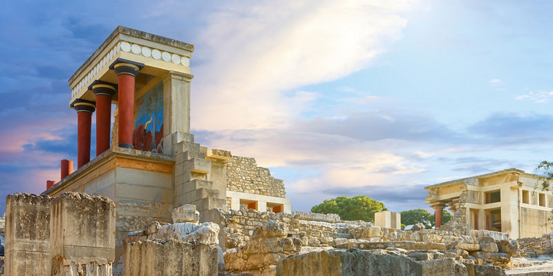 Ancient Knossos Palace Ruins at Sunset