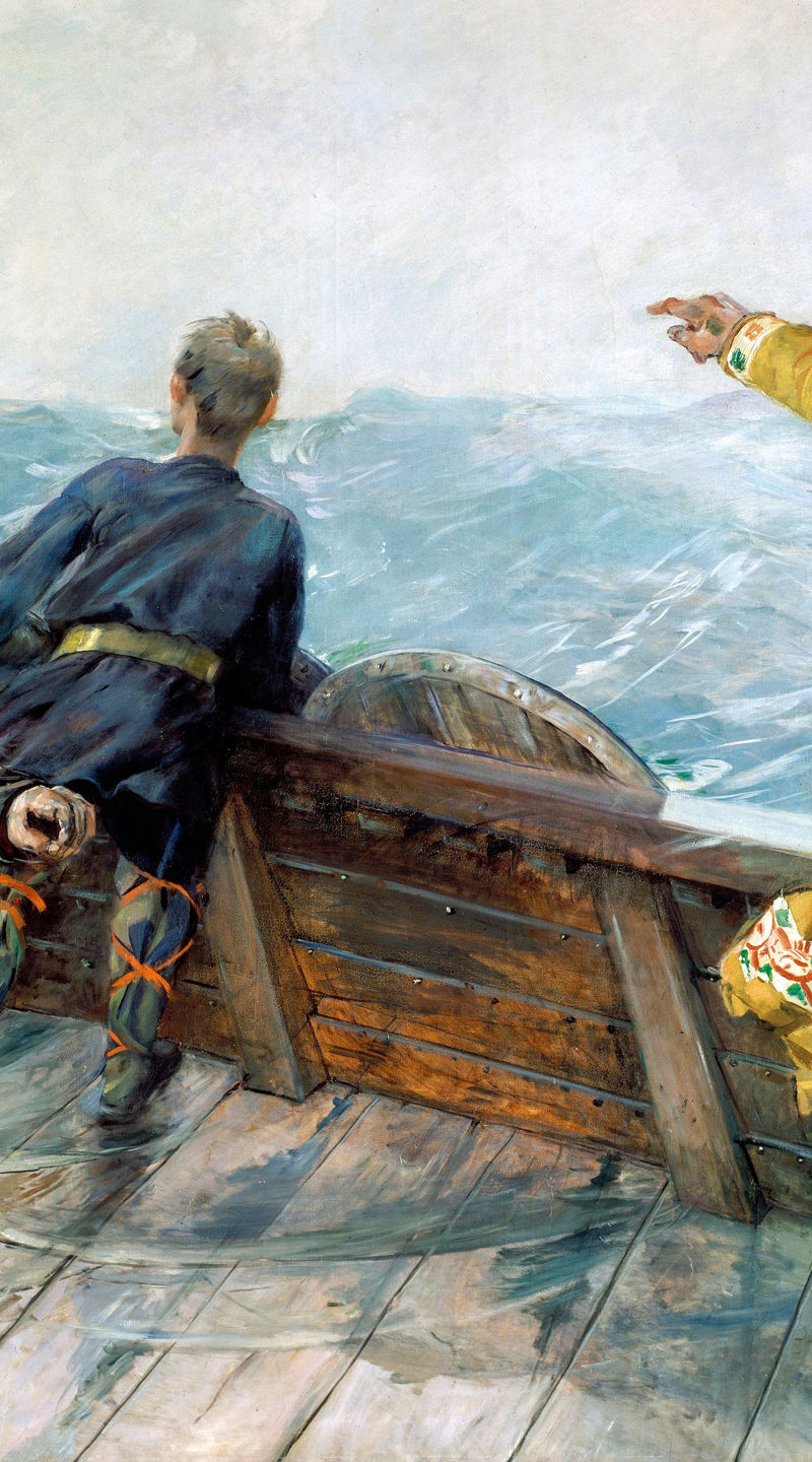 Viking explorers on a wooden ship