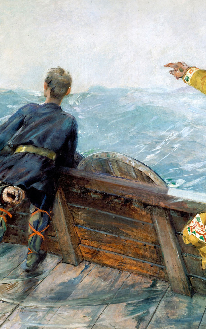 Viking explorers on a wooden ship