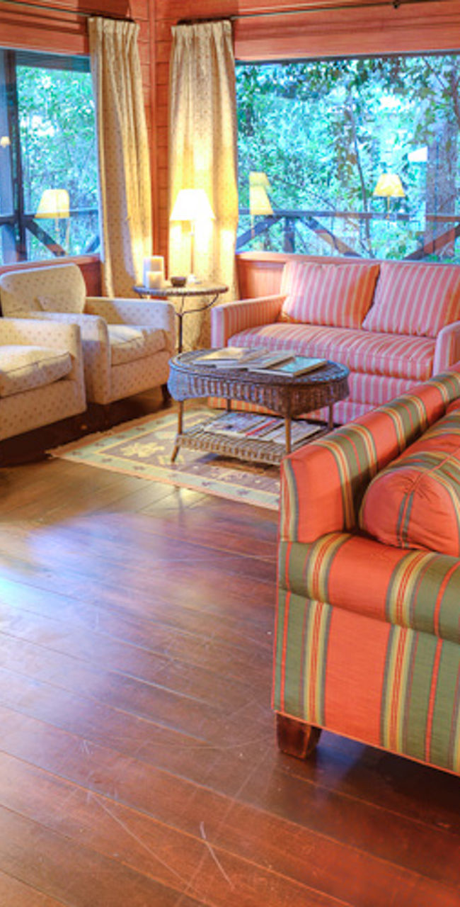Cozy wooden cabin interior with vibrant seating