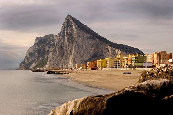 Rock of Gibraltar with coastal town view