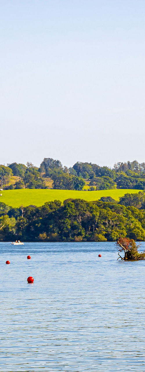 Scenic lake with ferry and lush hills