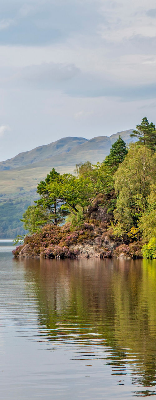 Calm lake with forested mountain shoreline