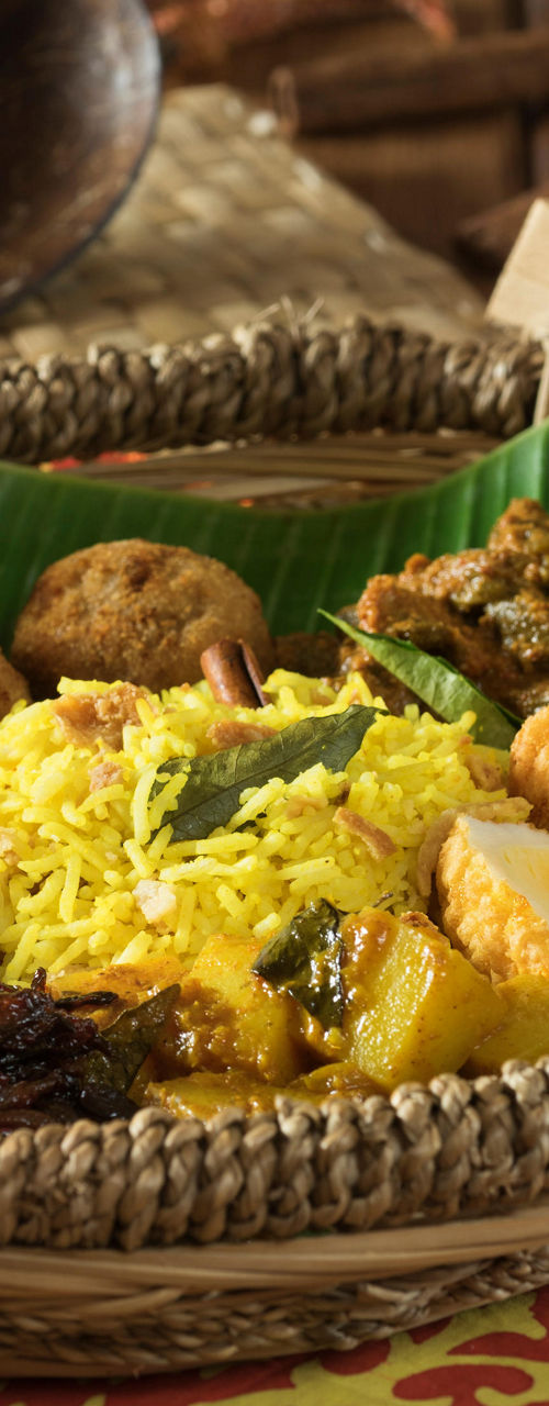 Traditional meal in woven basket setting