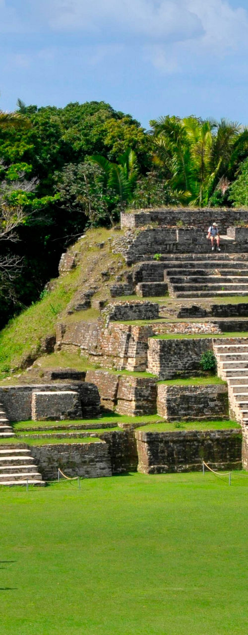 Ancient Mayan pyramid in lush landscape