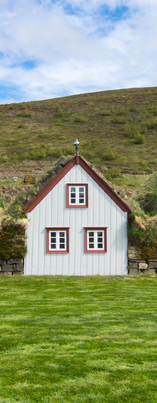 Row of traditional Nordic houses outdoors