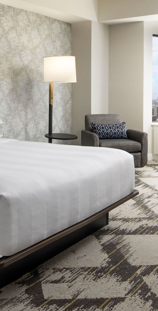 Modern hotel room with city view