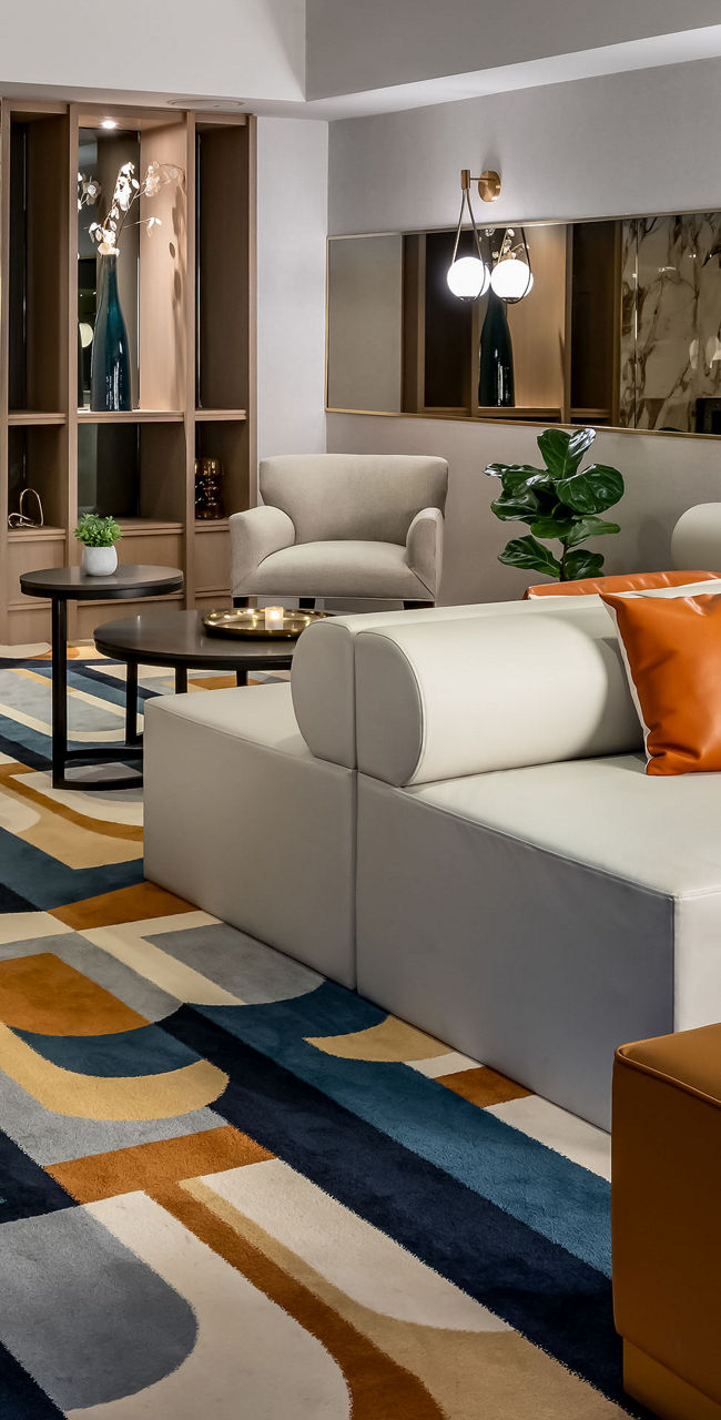 Modern lounge with fireplace and seating