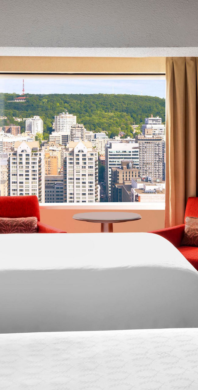 Modern hotel room with city view