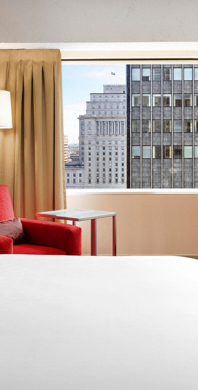 Modern hotel room with city view