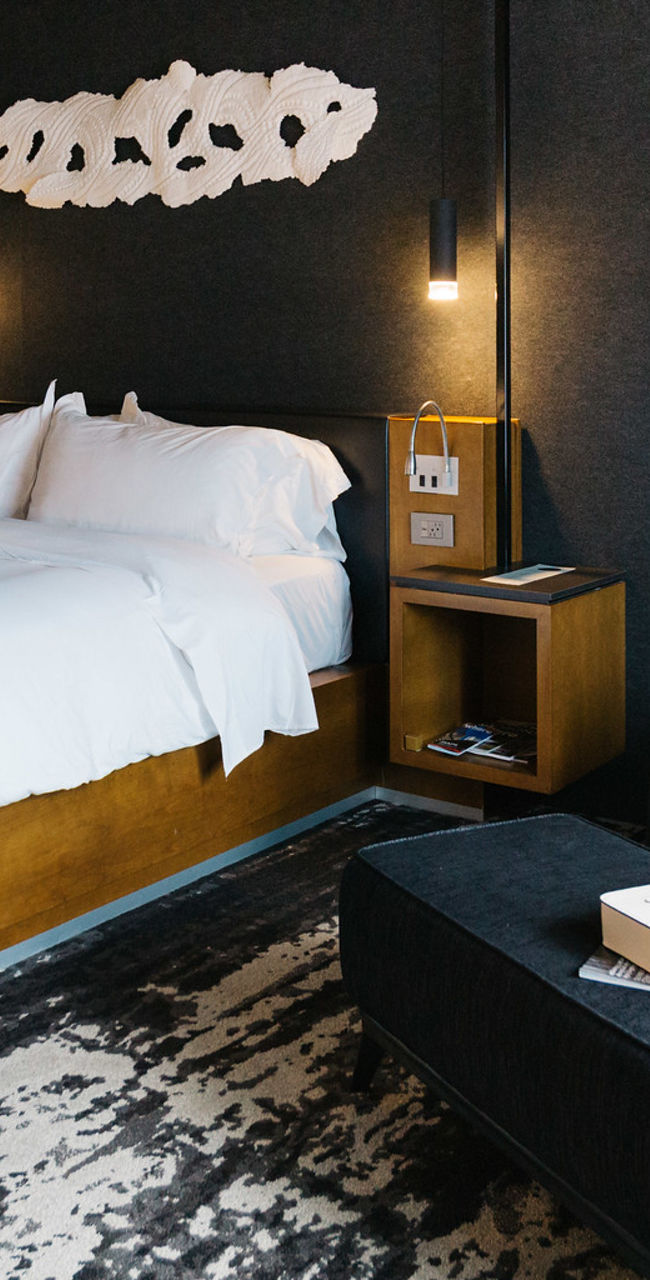 Modern hotel room with cozy furnishings