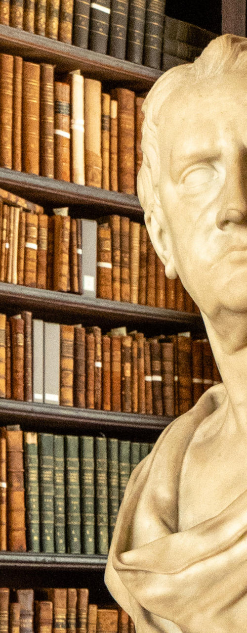 Marble bust in historic library setting