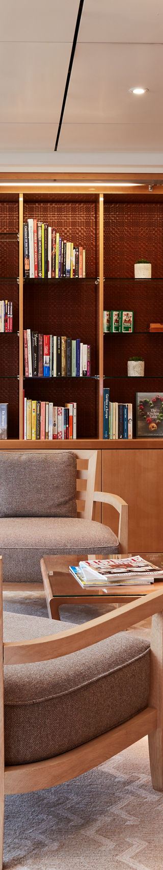 Modern library lounge with wooden decor