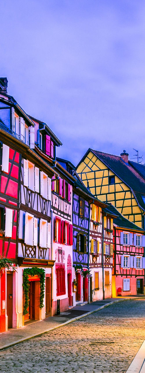Colorful European street with festive lights
