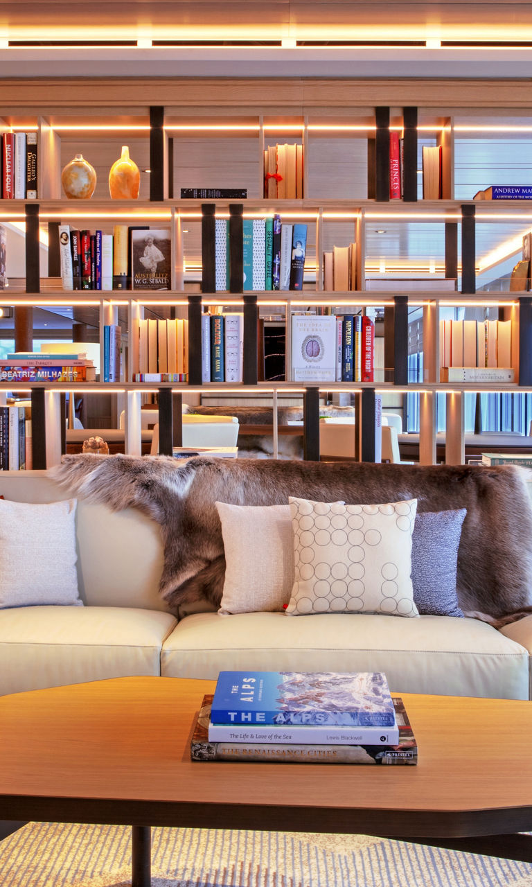 Modern living room with bookshelf and cozy seating