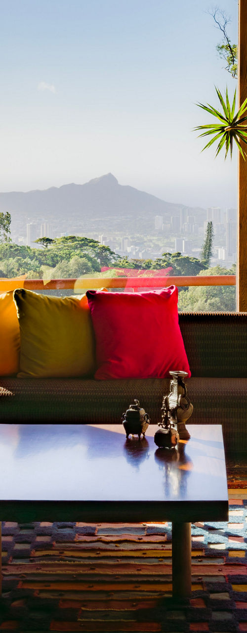 Colorful living room with mountain view