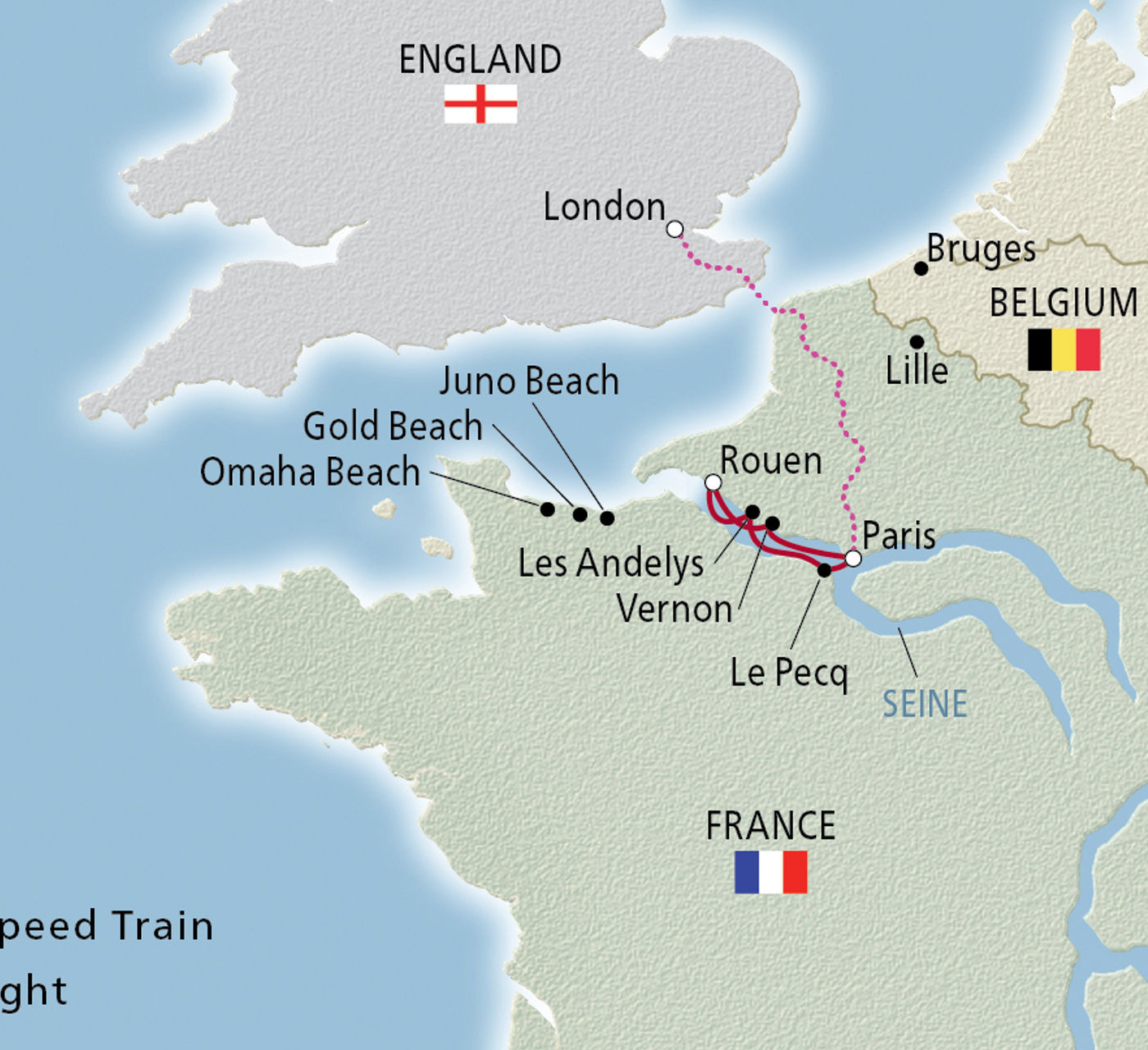 Map of London, Paris & D-Day itinerary