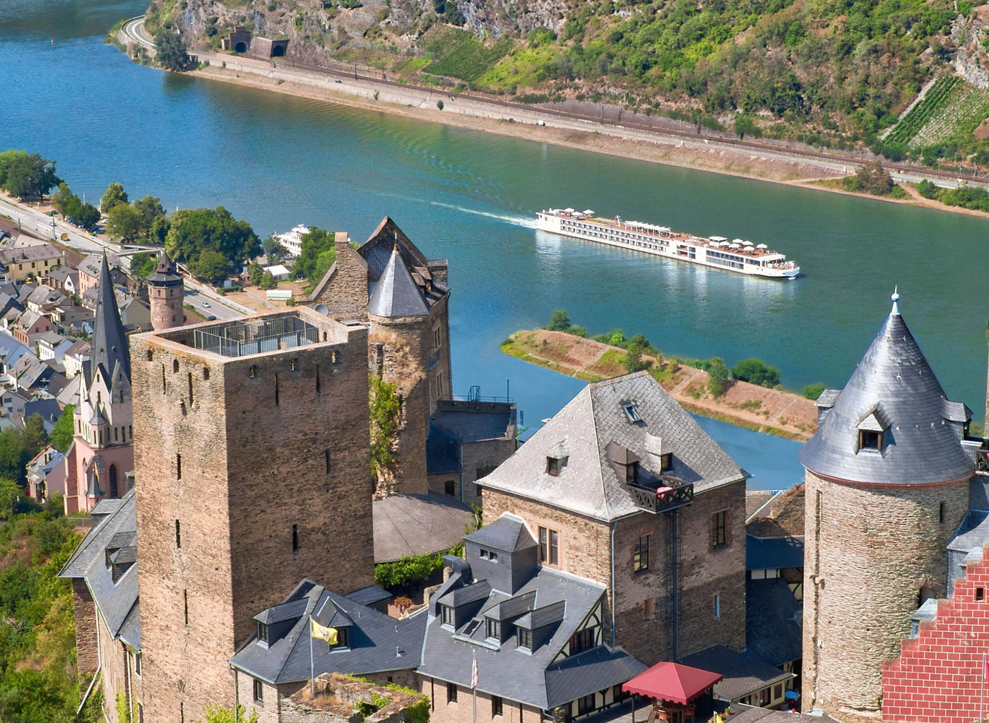 Historic castle overlooking scenic river valley
