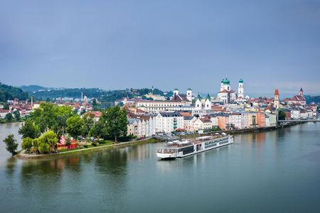 Scenic river cruise near European town