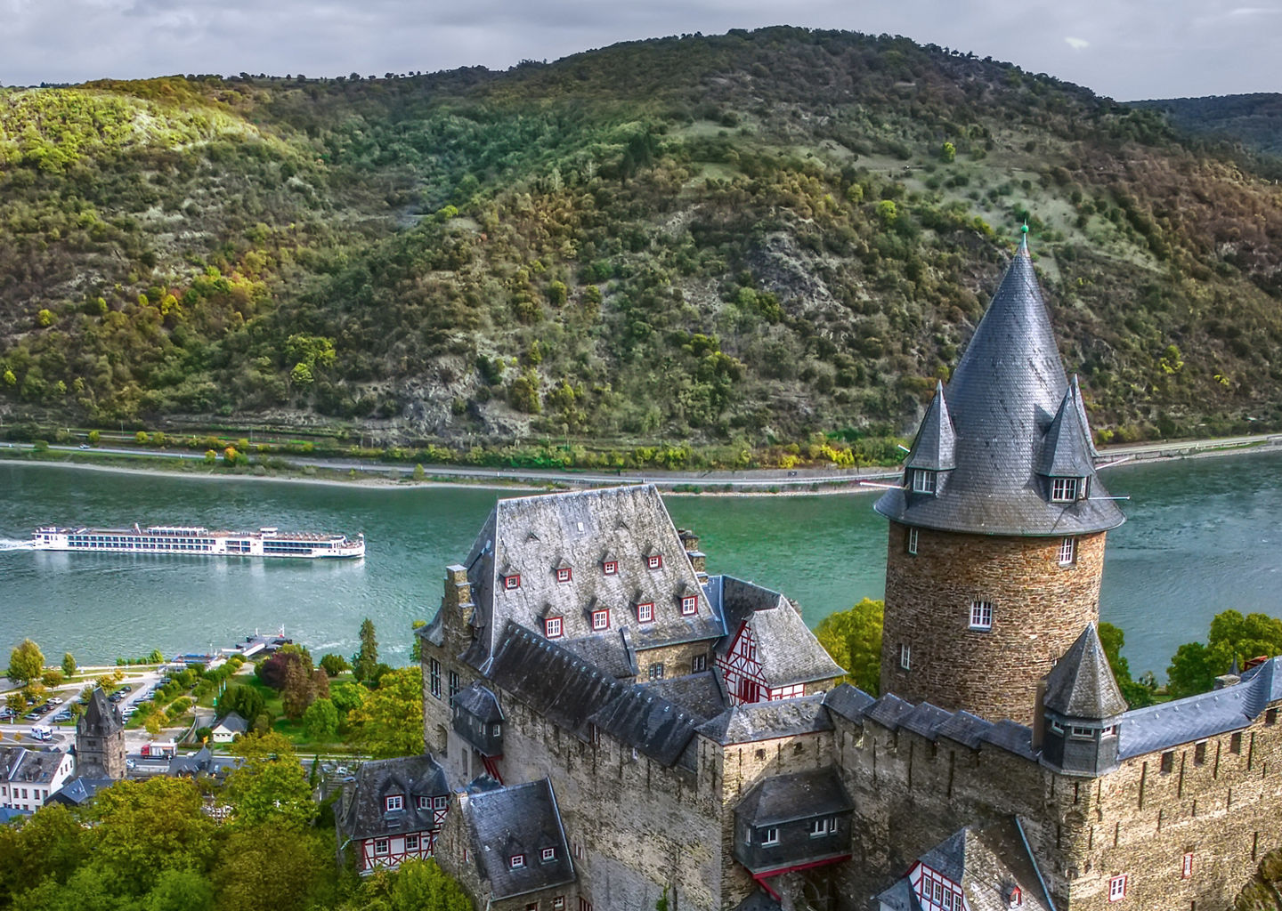 Scenic castle overlooking river valley