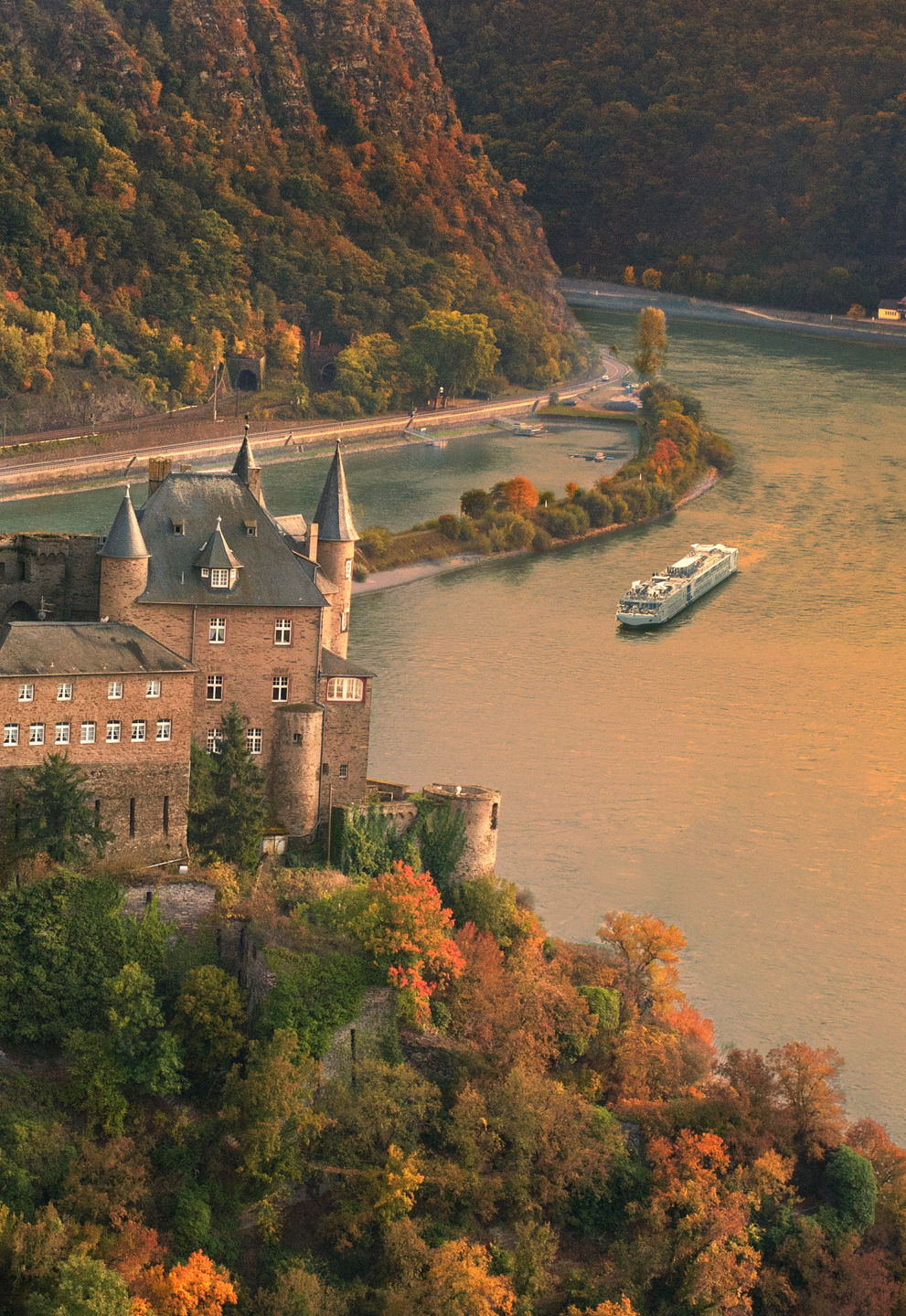 Historic castle overlooking scenic river bend