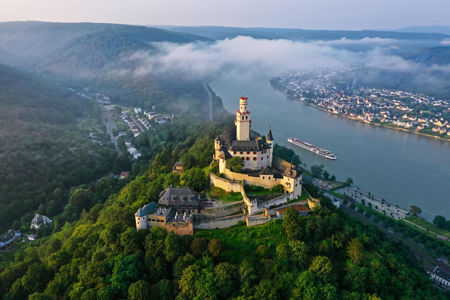 Aerial view of historic castle by river