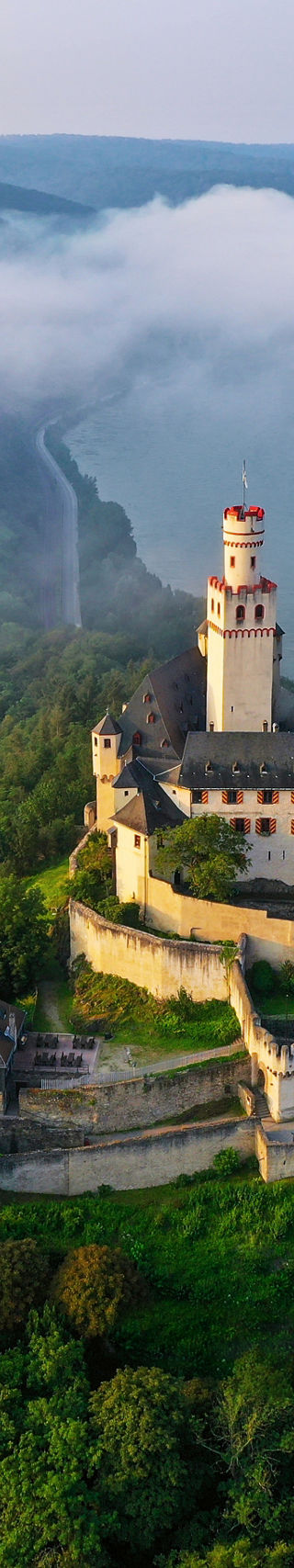 Aerial view of historic castle by river