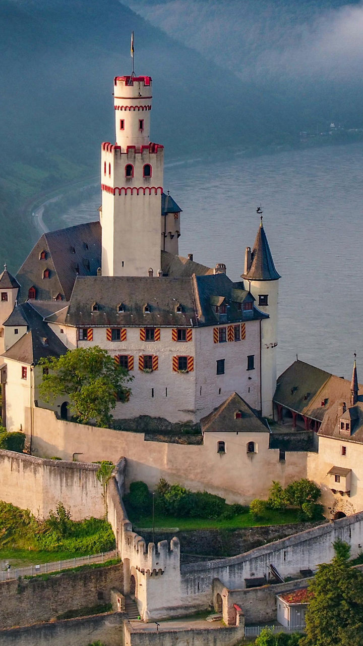 Historic castle overlooking river valley