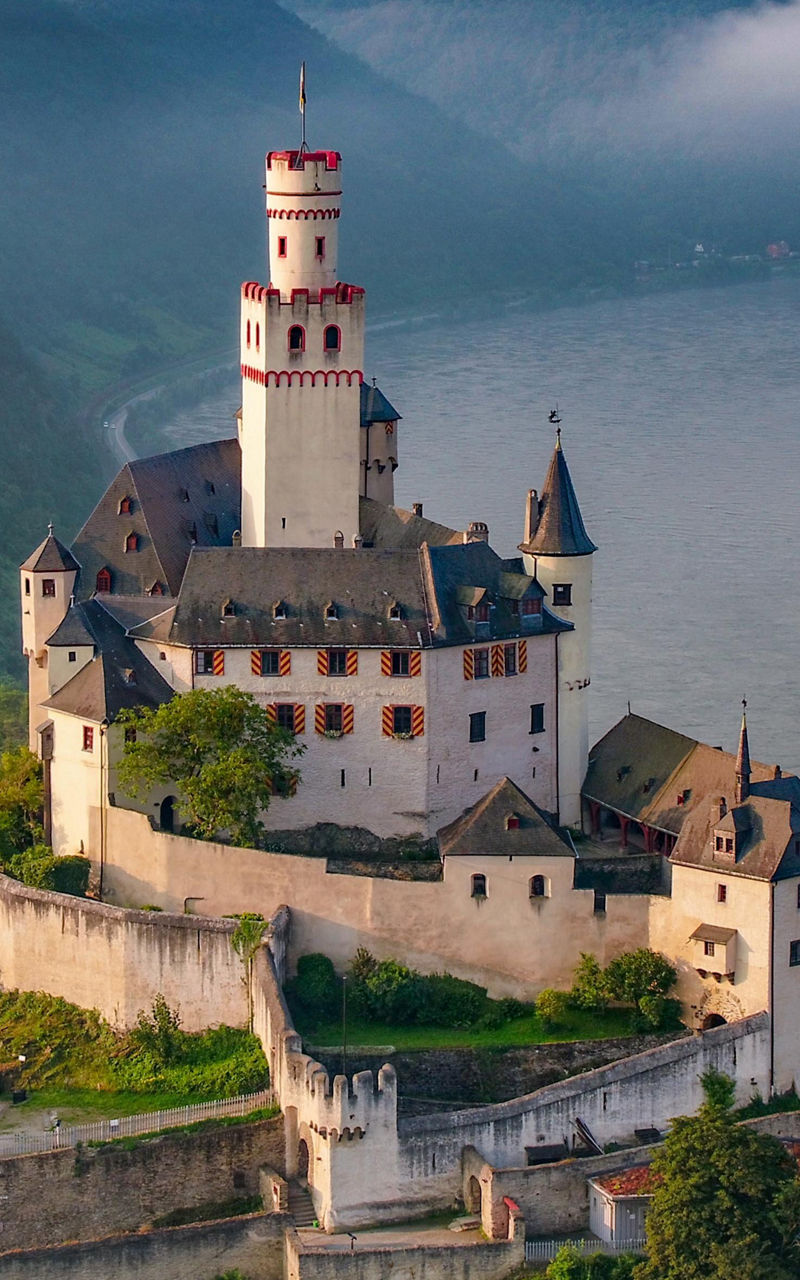 Historic castle overlooking river valley