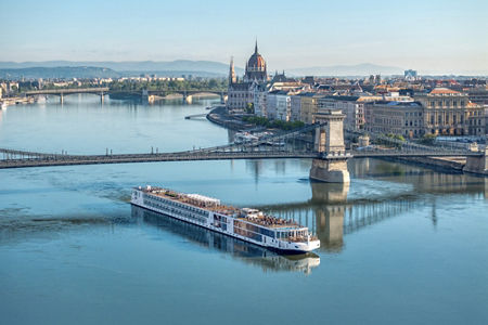 River cruise ship in Budapest cityscape