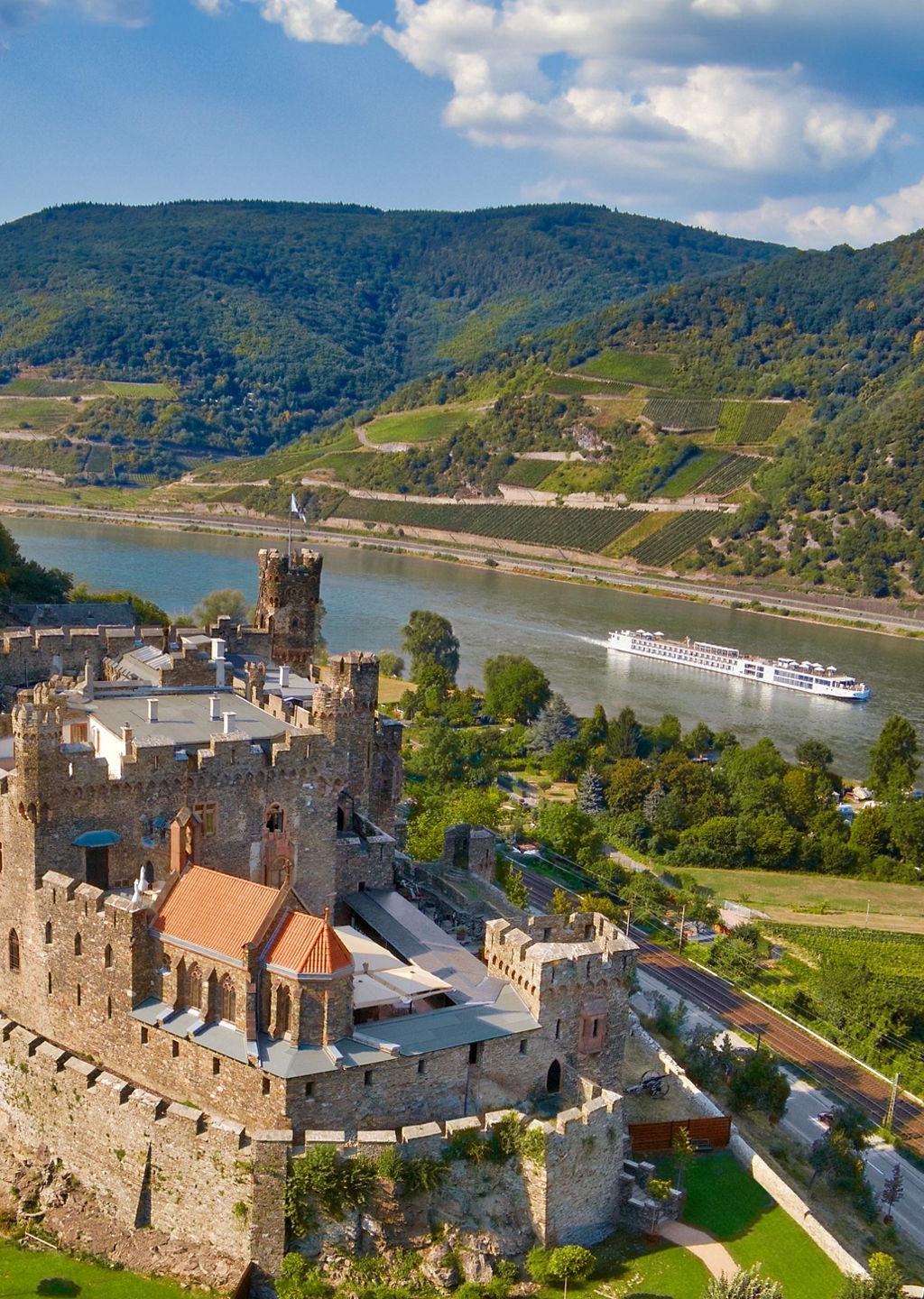 Historic castle overlooking river valley